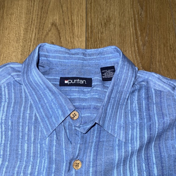 Puritan Men's Hawaiian themed shirt large blue strip palm leaves short sleeve - Picture 2 of 5